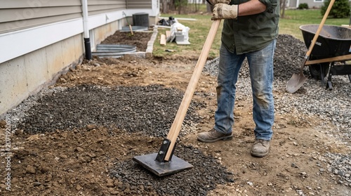 Construction worker using a hand tamper to compact gravel for a foundation project