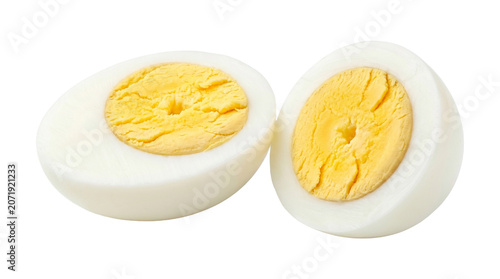 Εκτύπωση καμβά Two halves of hard boiled chicken egg with bright yellow yolk showing inside isolated on transparent background