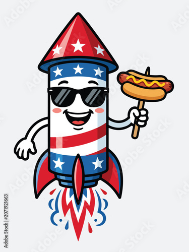 Patriotic BBQ Rocket Mascot Holding Hotdog 4th of July Barbecue Vector Illustration