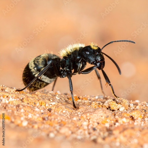 Close-up of a black beetle on sandy ground.