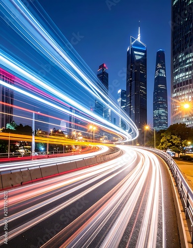 A cityscape at night with a curved road and light trails
