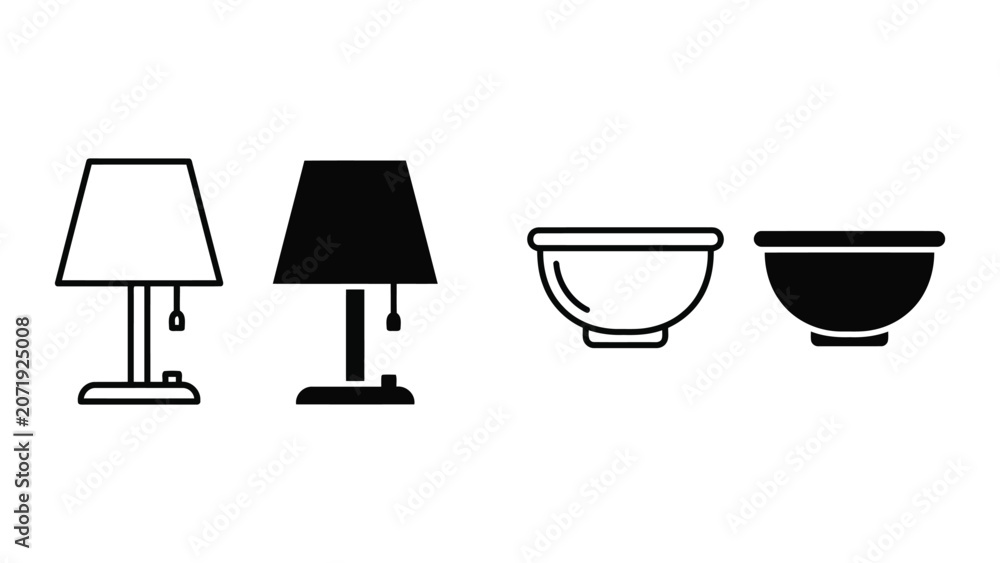 Fototapeta premium Set of vector icons featuring a desk lamp and a bowl in outline and solid black styles for interior design and decorative elements