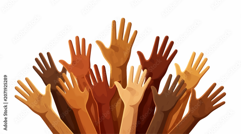 Fototapeta premium Diverse Group Raised Hands Diverse Skin Tones Reaching Upwards, Symbolizing Unity Equality and Collaboration, Vector Illustration on White Background with Copy Space.