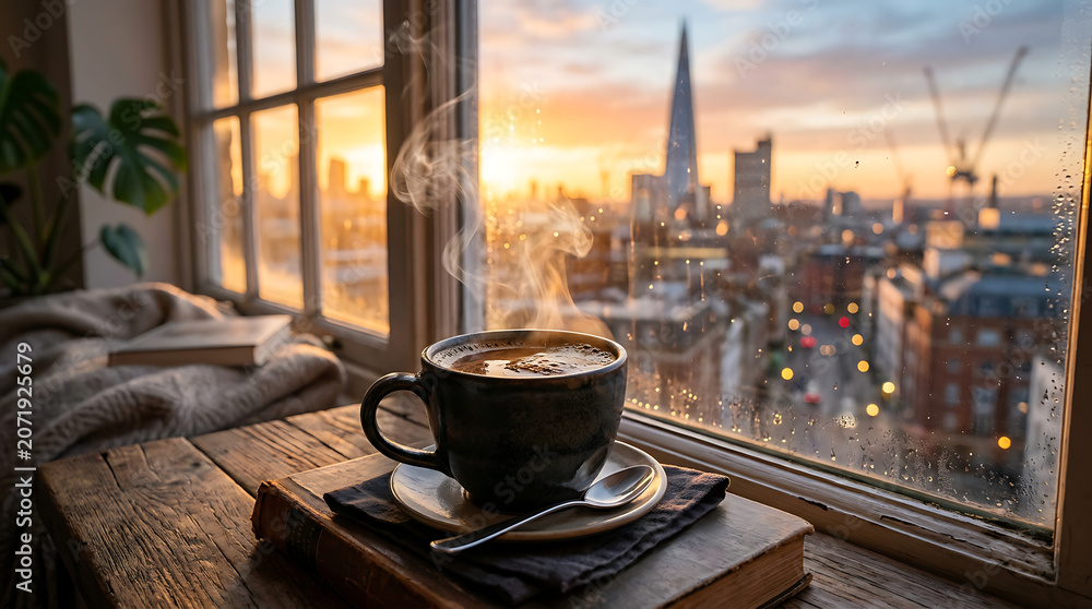 Obraz premium Cozy morning scene in a city apartment with a hot beverage overlooking a sunset skyline