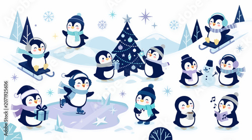 Obraz na plátně Cute Cartoon Penguins Celebrating Christmas, Sledding, Skating, Building Snowman in Snowy Winter Landscape with Decorated Tree
