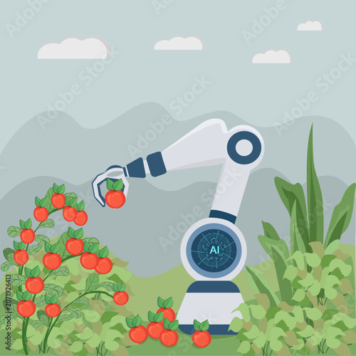 Smart AI robotic arm harvesting ripe red fruits in the farm, automated agricultural robot helper in futuristic greenhouse vector illustration.