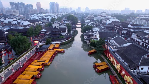 Early morning aerial view on the Qinhuai River in Nanjing, Jiangsu, China