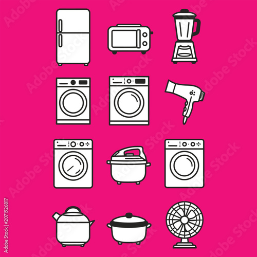 Home Appliance Icon Set Collection Featuring Refrigerator Microwave Blender Washing Machine Hair Dryer Rice Cooker Kettle Fan And Kitchen Equipment Vector Illustration