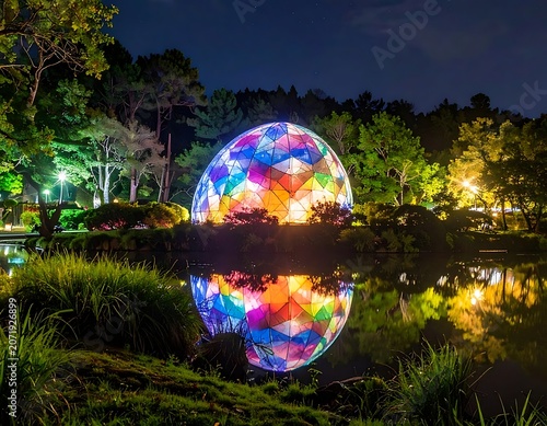 A colorful glowing orb reflects in a serene pond