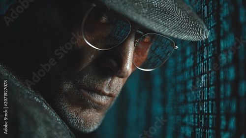 Mysterious Man Wearing Hat and Glasses in Dark Environment.