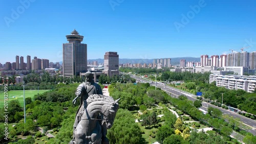Aerial photography of the statue skyline of Genghis Khan Square in Hohhot, Inner Mongolia
