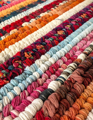 A colorful, woven rug with various textured patterns