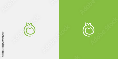 Minimalist fruit logo design on white and green background.