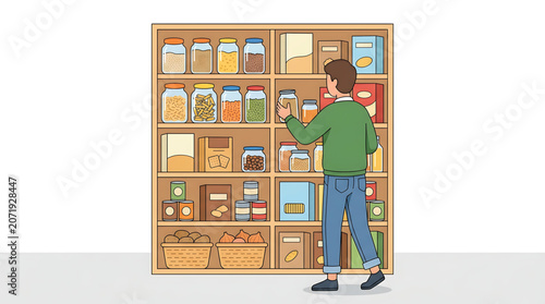 Man choosing food from pantry shelves in kitchen