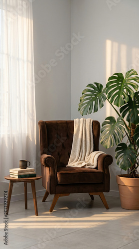 Cozy living room corner featuring a brown velvet armchair and a large monstera plant bathed in golden sunlight