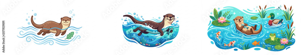 Obraz premium Cartoon otter swimming in water with aquatic life illustration