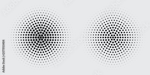 Geometric monochrome halftone symbol collection with circular dot gradients and optical texture forms modern visual composition eps10
