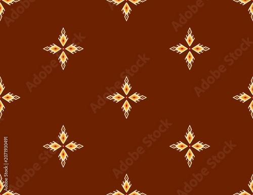 Hand-drawn Seamless Luxurious Traditional Ikat Minimalist Motif Pattern with Delicate Geometric Star Shapes Sparsely Arranged on Terracotta Brown Surface for Elegant Packaging and Sophisticated Textil