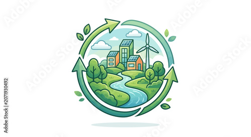 Eco friendly village with wind turbine and recycling symbol
