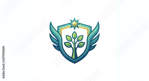 ecology logo, green shield with wings and plant