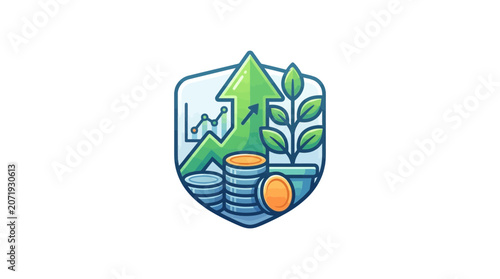 Financial Growth Shield Icon with Rising Arrow and Coin Stacks