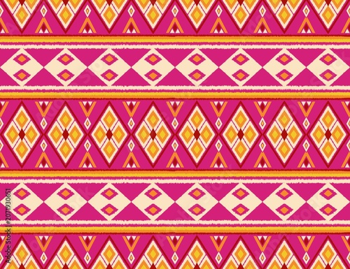 Hand-drawn Seamless Luxurious Traditional Banded Tribal Motif Pattern with Zigzag Diamond Stripes in Hot Pink and Orange for Blanket Weaving Carpets and Modern Ethnic Home Decor