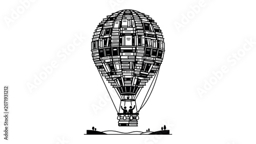 Konstfotografi Hot Air Balloon Built of Books: An imaginative hot air balloon constructed entirely of stacked books ascends gracefully, carrying two figures in its basket against a clean backdrop