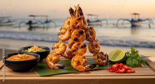 Grilled shrimp skewers with garnishes