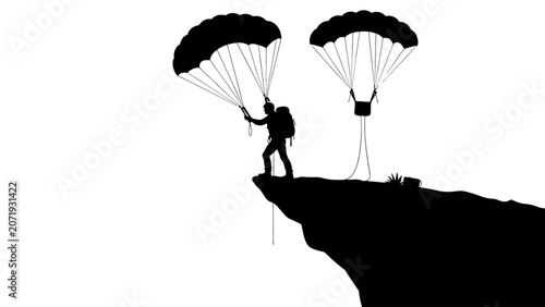 Fotografi Parachuting, adventure sports, extreme thrill seeker, cliff jump, silhouette vec
