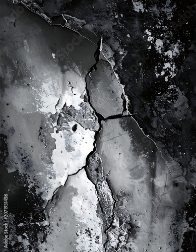 A grayscale image of a cracked and weathered surface