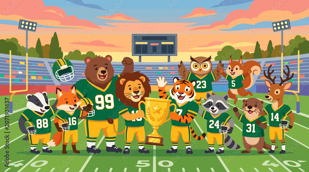Naklejka premium A diverse team of anthropomorphic animals in football uniforms celebrates winning a championship trophy on a sunny stadium field.