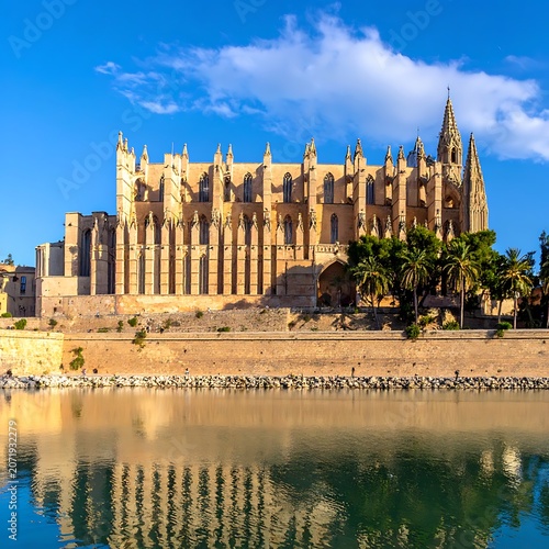 A large, ornate cathedral by a serene body of water