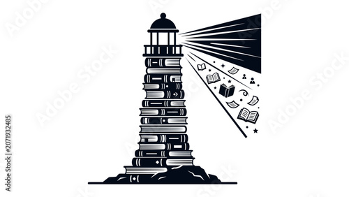 Tablou pe pânză Beacon of Knowledge: A lighthouse constructed from stacked books, with its light beam scattering open books, symbolizing the guidance and illumination found in learning