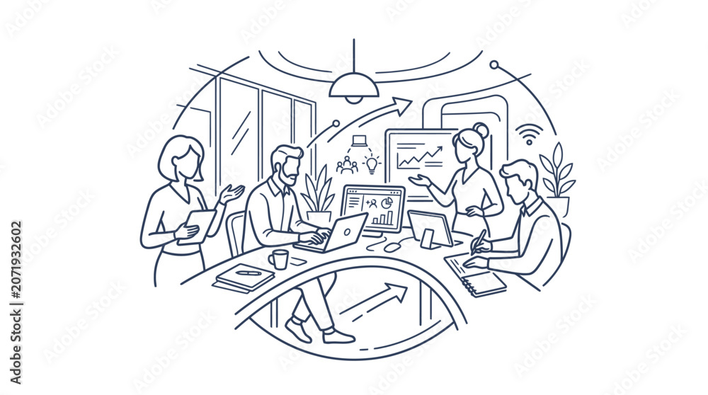 Obraz premium Business Team Meeting Line Art Illustration