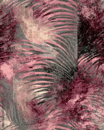 Stylized palm leaves in pink and gray tones create a modern, artistic texture against a mottled background, evoking tropical elegance and creative flair.