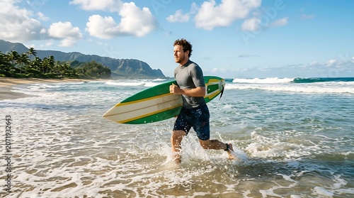 Young male surfer carrying his surfboard entering the water at a scenic beach with surfboard, training