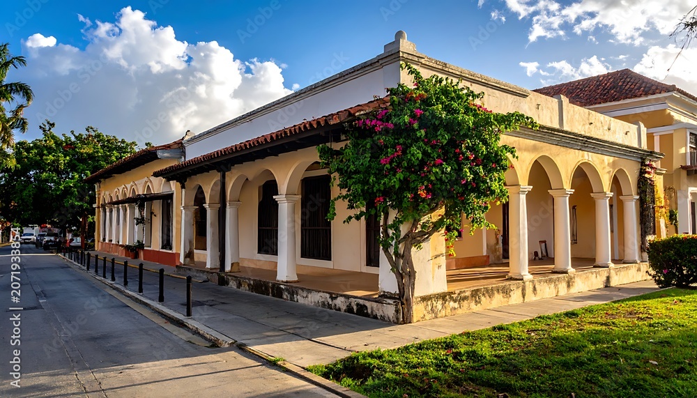 Fototapeta premium A low-rise building with arches and columns on a sunny day