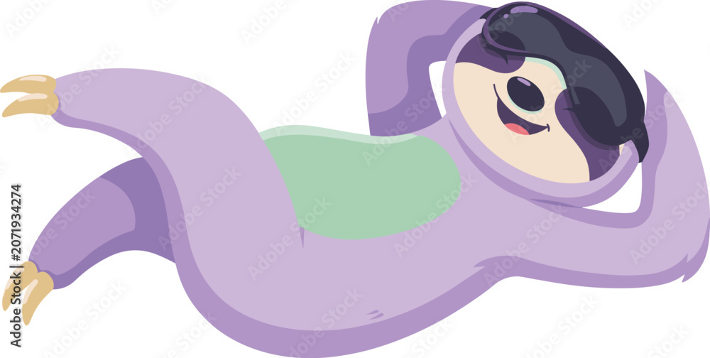 Fototapeta premium A happy purple sloth wearing an eye mask for deep relaxation and self care as it lounges comfortably on its back
