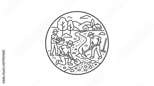 Farmers working in circular rural landscape