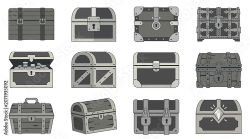Foto Collection of old treasure chests metal.