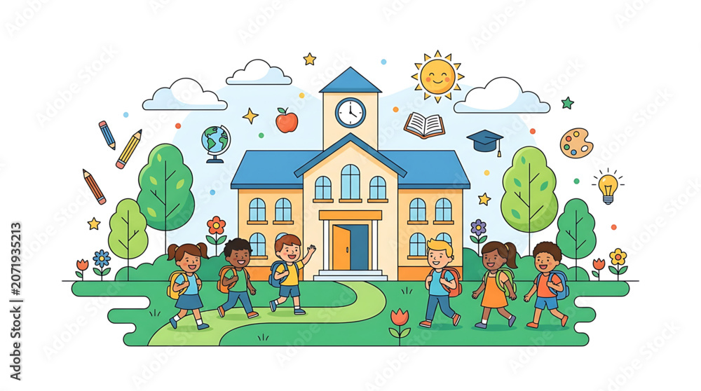Fototapeta premium A group of diverse children walking to school with backpacks on a sunny day with a school building and educational icons floating around them