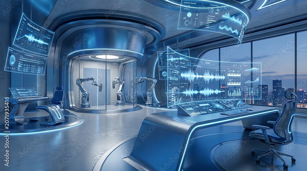 Obraz premium Futuristic Ai Control Room with Robotic Arms and Holographic Displays