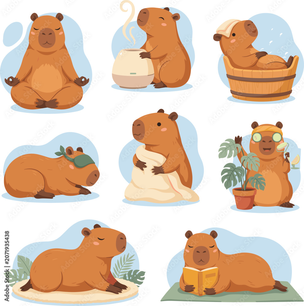 Fototapeta premium A set of cute capybaras practicing self care through wellness routines, relaxation, reading, and mindfulness activities