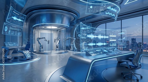 Futuristic Ai Control Room with Robotic Arms and Holographic Displays