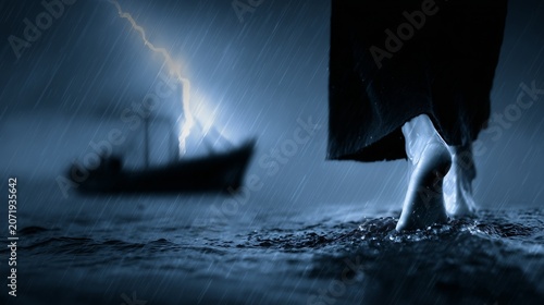 Feet walk on water during storm with lightning and rain while boat is present nearby