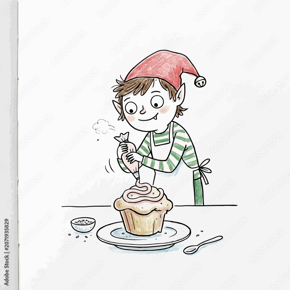 Obraz premium Elf decorating cupcake with pink frosting using piping bag, wearing apron and red hat.