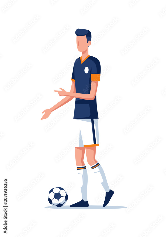 Obraz premium Athletic male soccer player dressed in professional sportswear uniform standing on field grass while pointing direction during competition with a leather ball ready for gameplay in outdoor