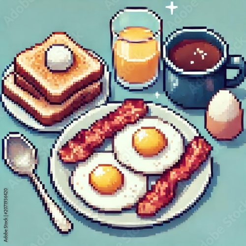 Retro game aesthetic breakfast plate featuring bacon sunny side up eggs and bread