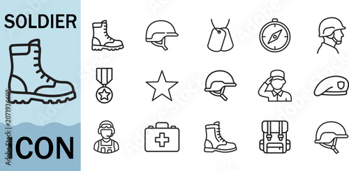 Schilderij op canvas Soldier icon set military equipment and gear vector