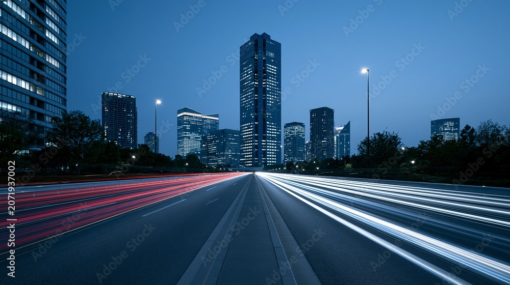 Obraz premium Dynamic Urban Night View with Light Trails and City Skyline